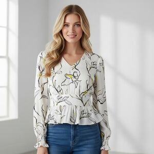 Bar III Floral Smocked V Neck Peplum Blouse Size Small